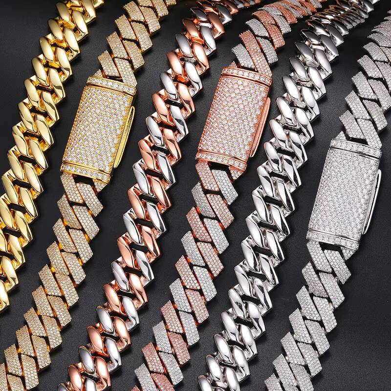 Wholesale Fashion Hip Jewelry 20mm Gold Plated Brass 3 Rows 5A Zircon Diamond Iced Out Bling Miami Cuban Link Chain Necklace