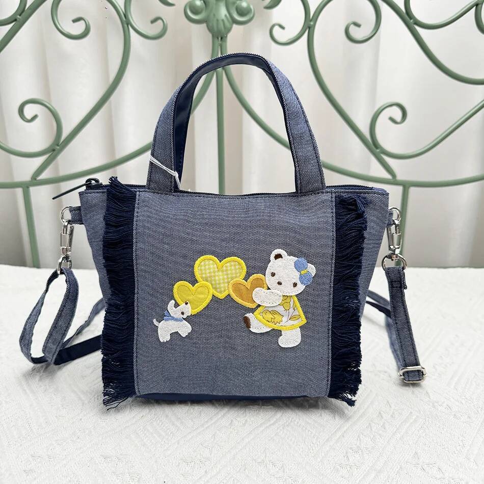 New Women Cute Bear Embroidery Handbag Large Capacity Lightweight Casual Card Ladies Denim Tote Bag 780842