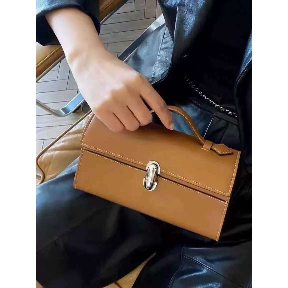 High end light women s bag folding genuine leather handbag hand held small square French minimali