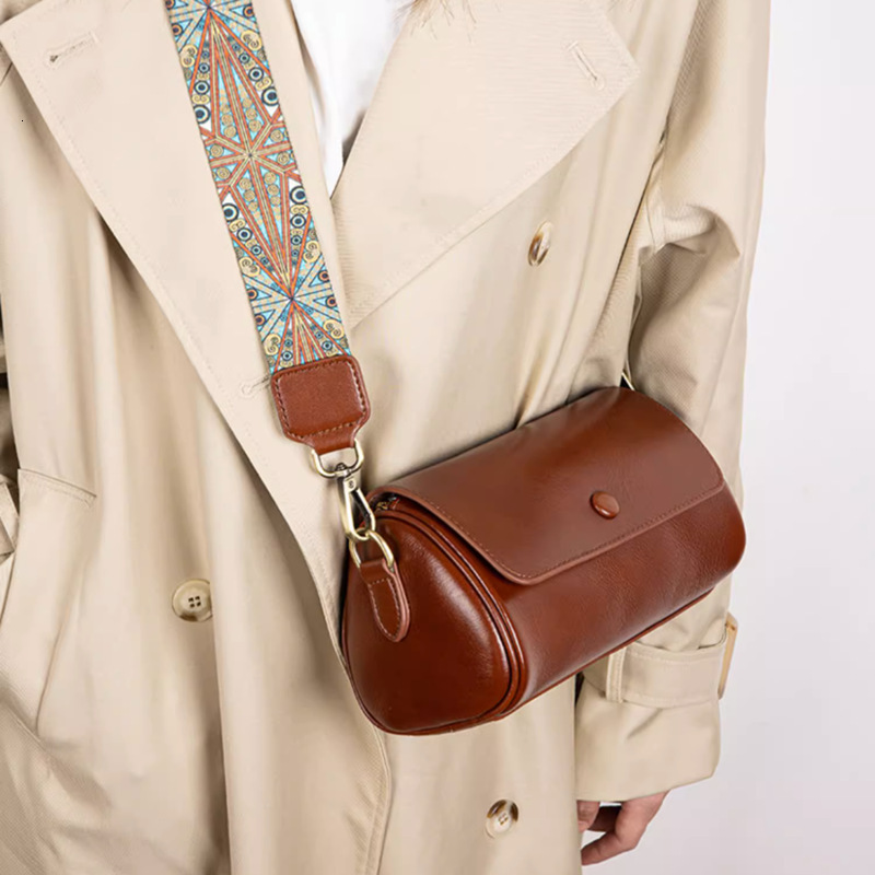 Mao Pian Charcoal Luxury Free Shipping Designer Top Leather Cylinder Bag Retro Fashion Single Shoulder Crossbody Bag 2025 Genuine Leather