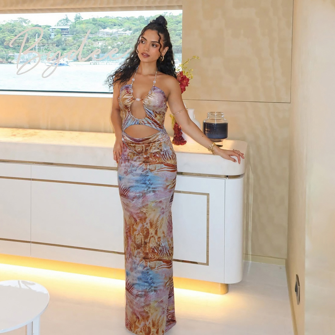 2025 Autumn New Womens Fashion Sexy Halter Neck Backless Slim Fit Bodycon Printed Dress