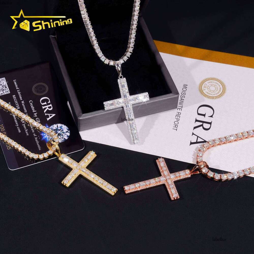 Hot Sale Baguette Cross Pendant Sterling Sier Gold Plated Pass Dia Tester GRA Moissanite Charms Necklace