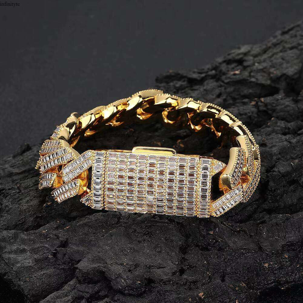 NUOYA Women's Shiny Iced Out Baguette Dia Cuban Link Chain Bracelet 20mm Sier Plated Hip Hop Fine Jewelry