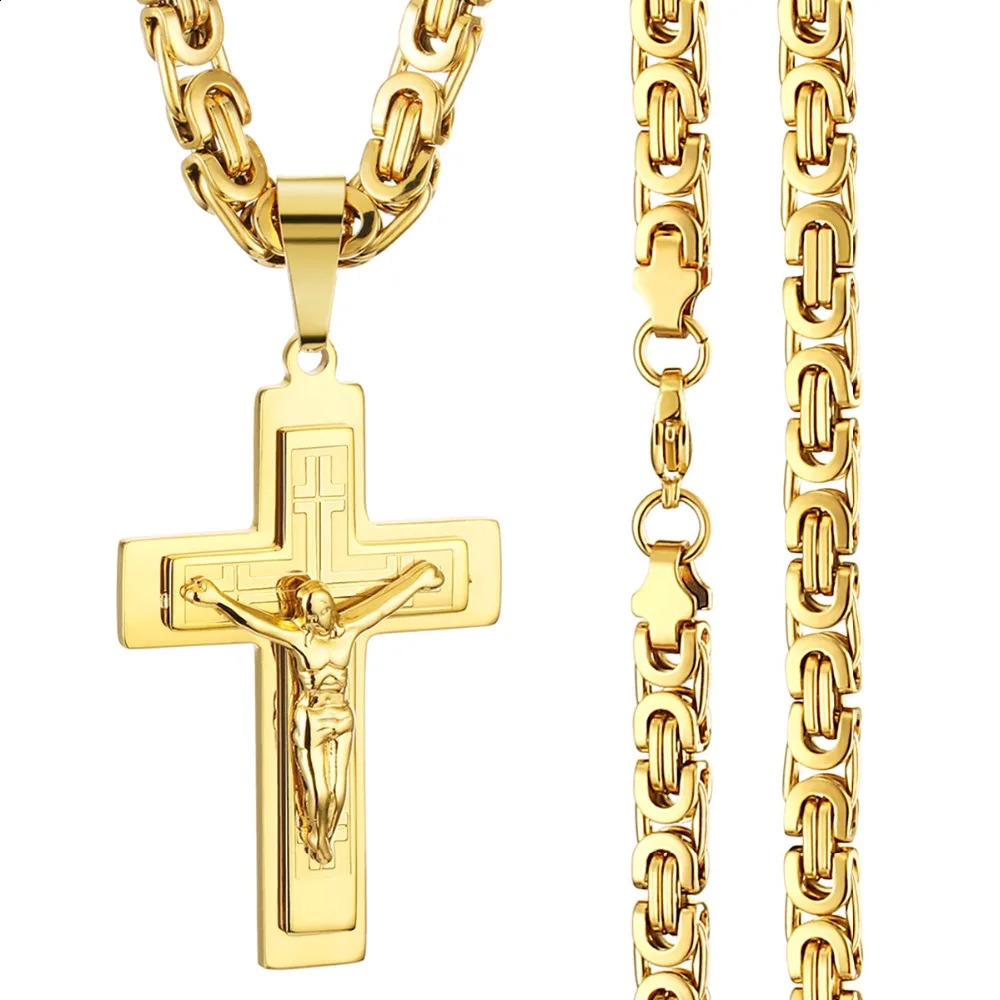 Diyalo Mens Stainless Steel Jesus Christ Holy Crucifix Cross Pendants Necklaces Orthodox Long Chain Necklaces Boys Jewelry 250805