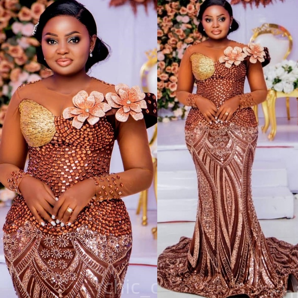 Mermaid Chocolate Prom Dresses 2025 Crystals Flowers Sheer Neck Evening Formal Party Second Birthday Engagement Gowns Plus Size Dress For Special Occa