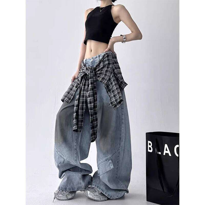 MEXZT Y2K Cargo Jeans Women Haruku Plaid Patchwork Wide Leg Denim Pants Vintage Grunge Korean High Waist Baggy Design Trousers