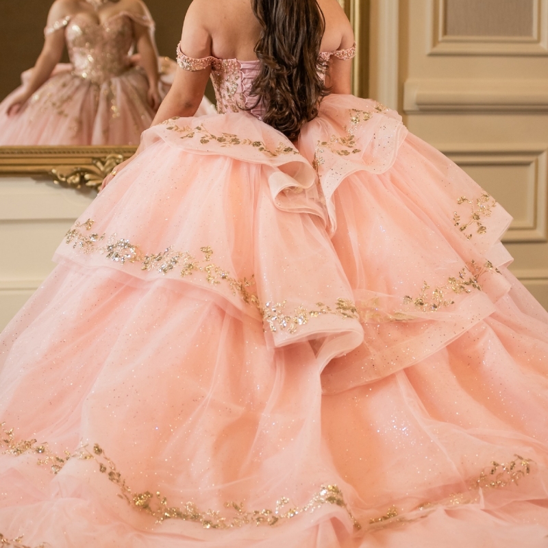 Pink Shiny Quinceanera Dresses Off The Shoulder Gold Applique Lace Beading Tull Party Birthday Ball Gown Vestidos De 15 Anos Sweet 16 Dress