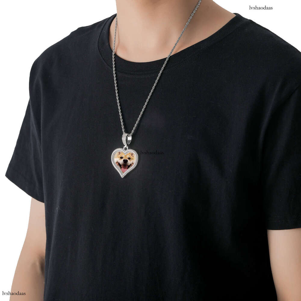 Hip Hop DIY Heart Frame Pendant Couple Photo Micro Paved Moissanite chain Solid Necklace