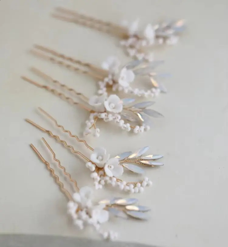Porcelain Flower Hair Pins Clips Opal Head Pieces Gold Silver Color Hairpins For Brides Women Bridal Jewelry Wedding Accessories 250807