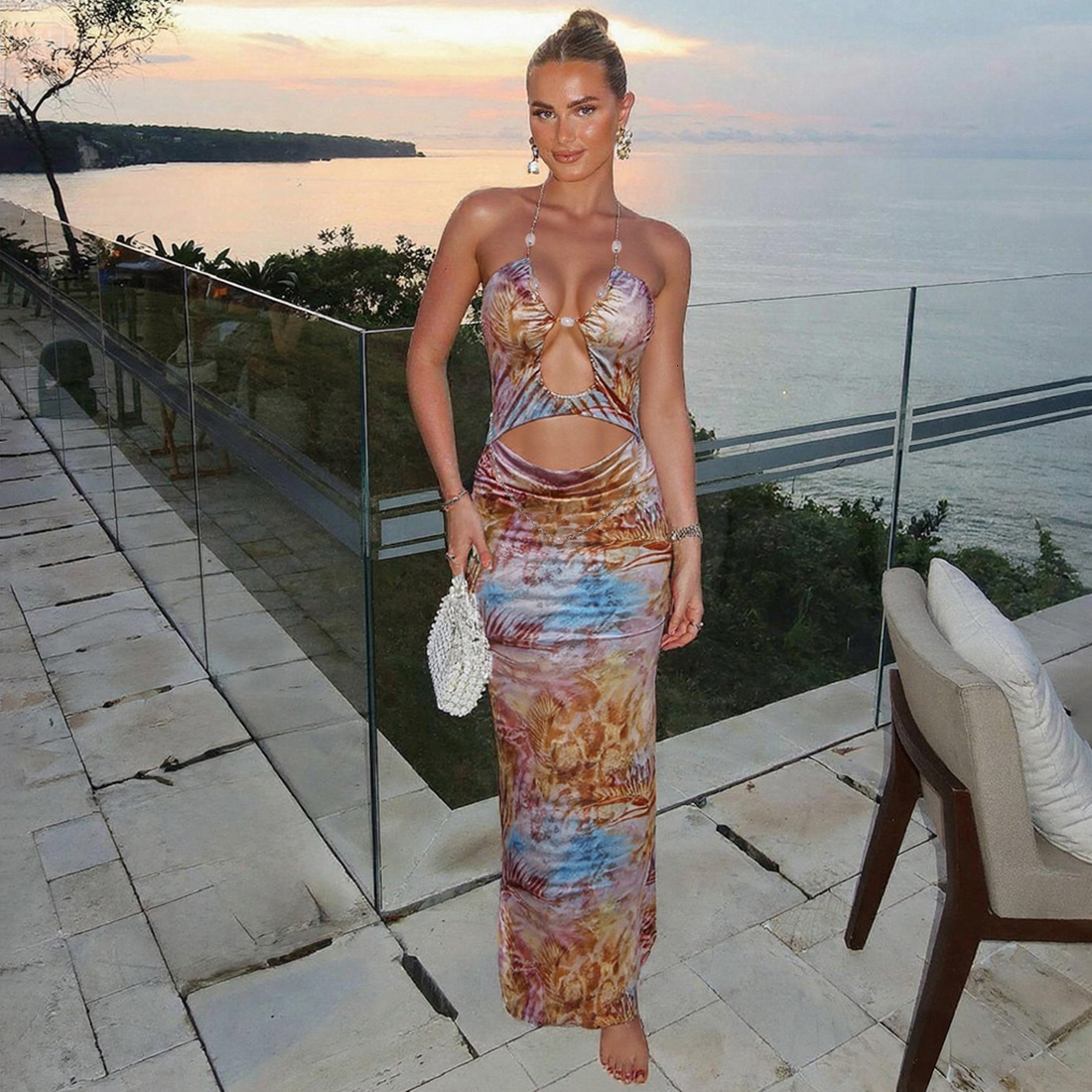 2025 Autumn New Womens Fashion Sexy Halter Neck Backless Slim Fit Bodycon Printed Dress
