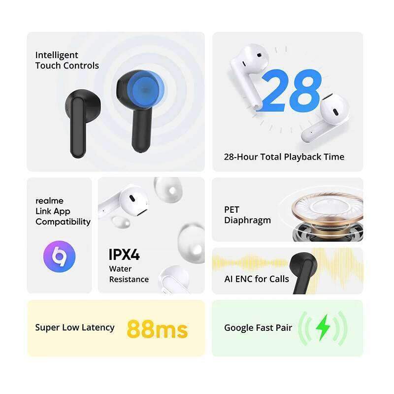 Global Version Realme Buds T True Wireless AI Noise Cancelling TWS Earphone Bluetooth Hour Battery Life IPX
