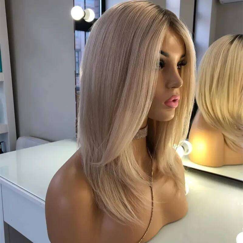 Natural Straightl Bob Women Platinum Blonde Colored With Dark Roots Synthetic HD Lace Front Wig For Woman Girl Lady Daily