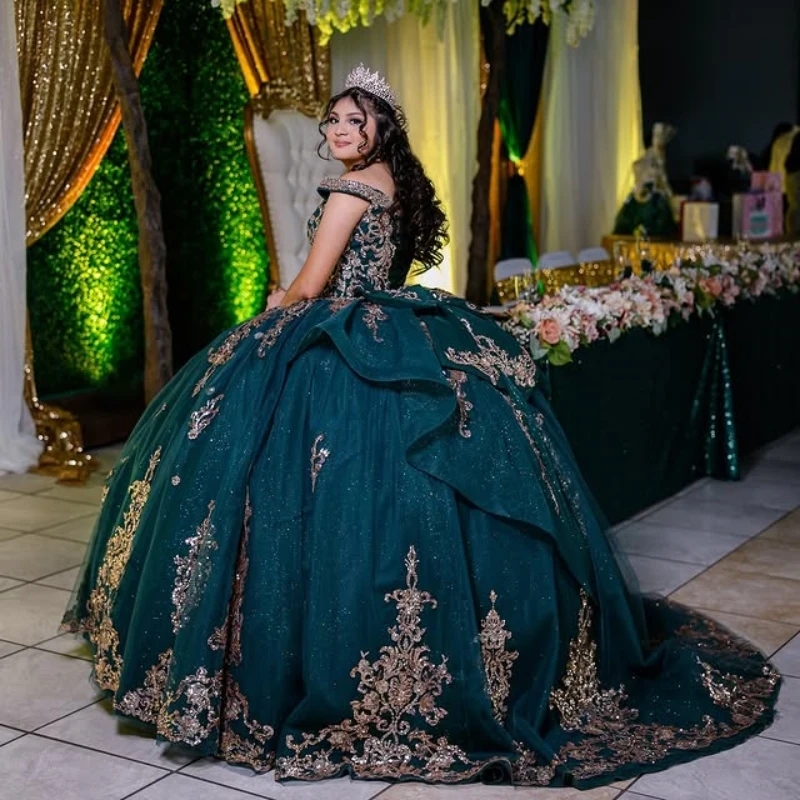 Blacking Green Quinceanera Dresses Ball Gown Off Shoulder Gold Appliques Lace Beads Tull Sweet 16 Dress Vestidos 15 Anos