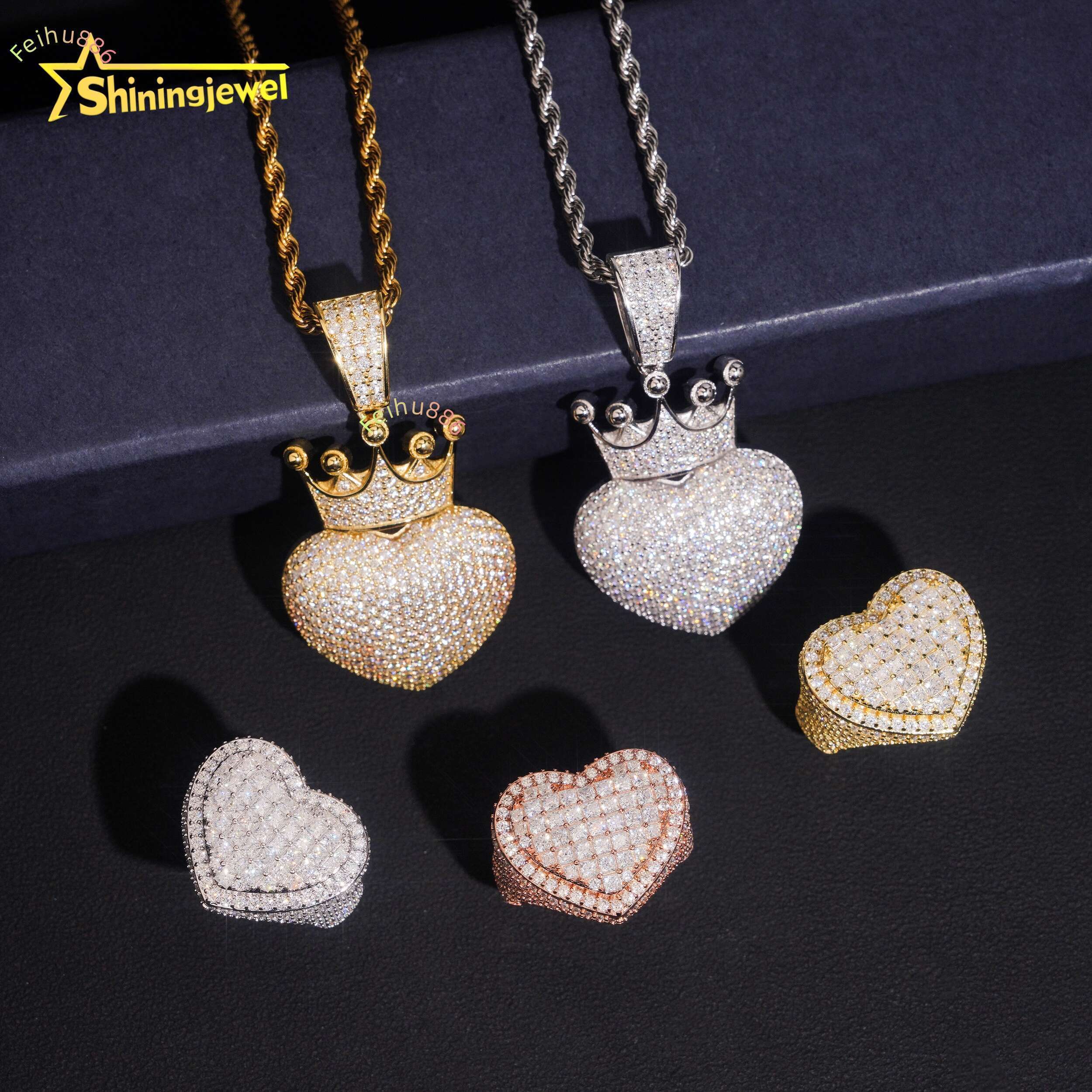 Iced Out Luxury Jewelry Sets Hip Hop 925 Sterling Silver Heart Shape D VVS Moissanite Ring with Pendant GRA Certificated