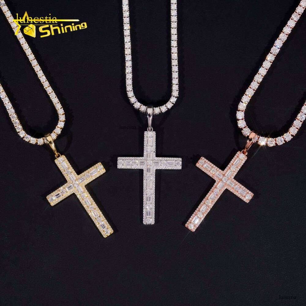 Hot Sale Baguette Cross Pendant Sterling Sier Gold Plated Pass Dia Tester GRA Moissanite Charms Necklace