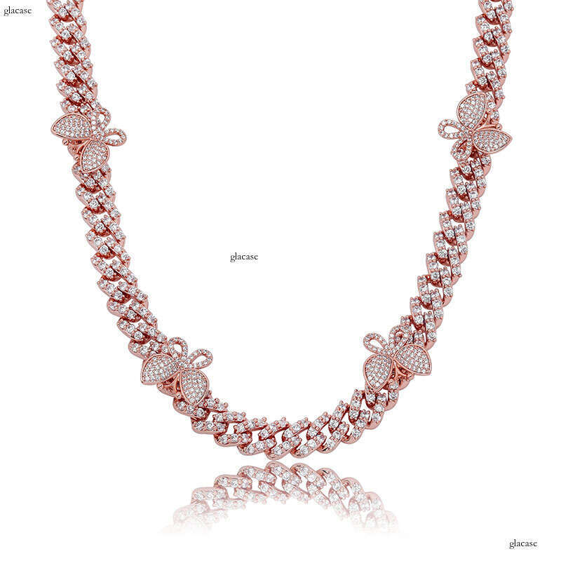 Hip Hop Rap Trend Micro Paved Moissanite chain Colorful Pink Butterfly New 8mm Cuban Necklace Couple