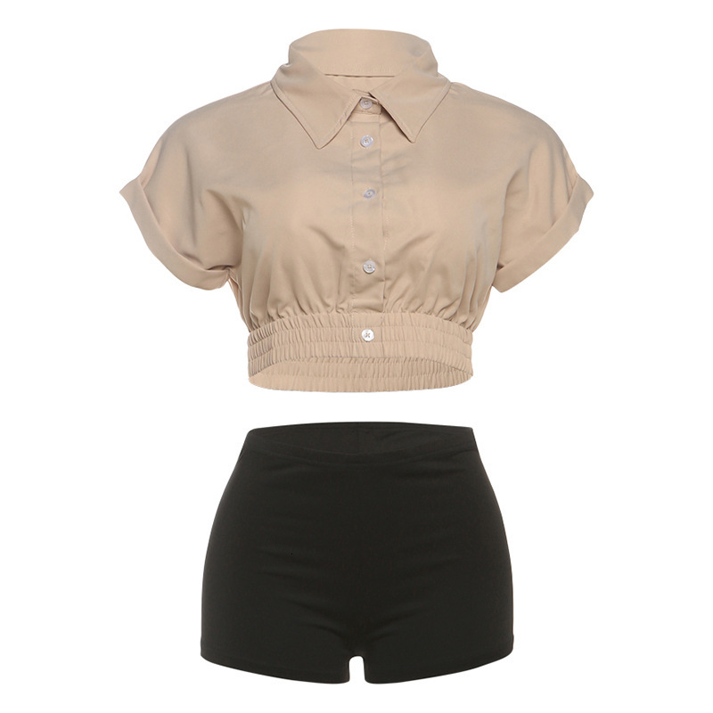 2025 Summer New Womens Fashion Rolled Hem Short Sleeve Waist-Cinching Crop Top Solid Color Slim Shorts Set