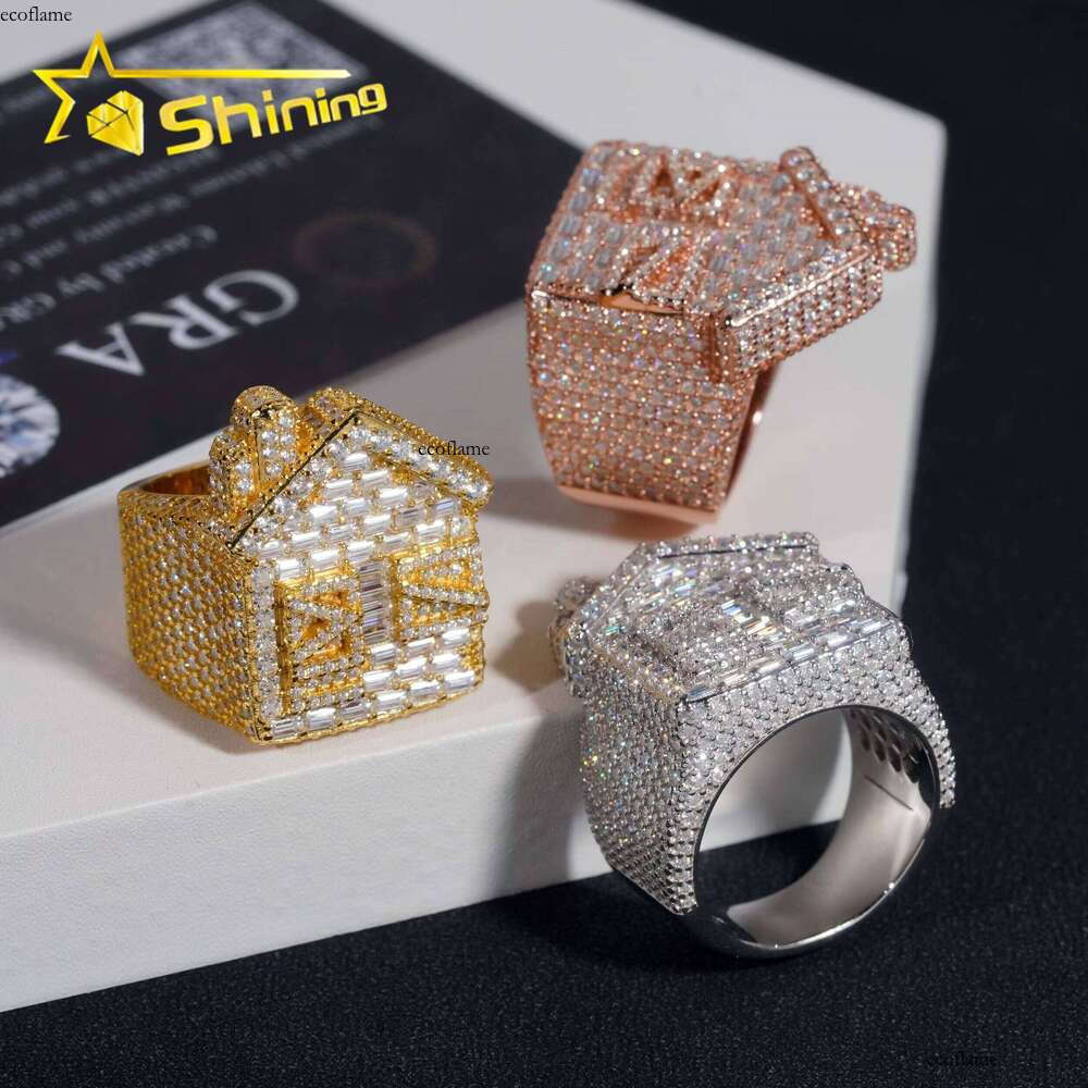 Luxury Rapper Hip-Hop Jewelry Gold-Plated Solid Pure Silver Full Iced Out Trap House Moissanite Ring
