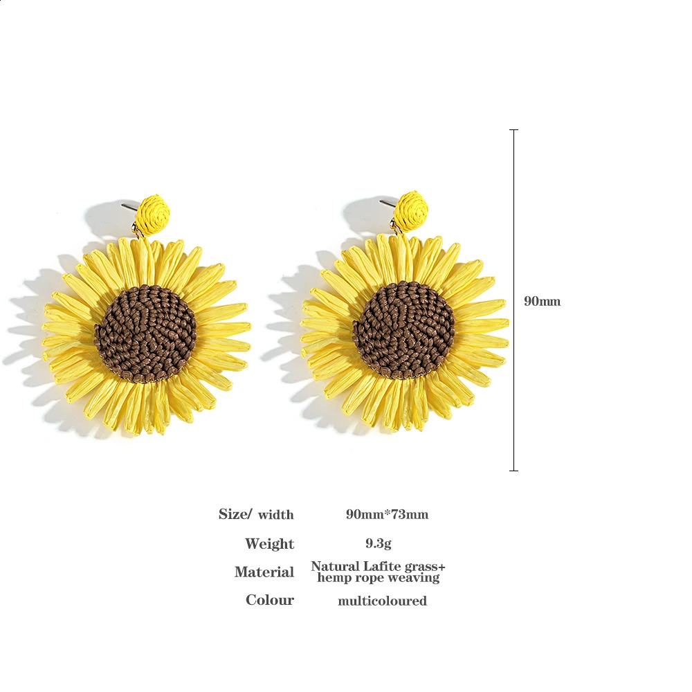 AENSOA Handmade Woven Raffia Large Flower Drop Earrings for Women Mixed Color Floral Hanging Earrings Summer Beach Jewelry 250807