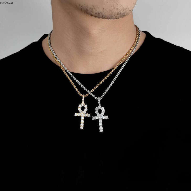 Hip-Hop Jewelry Solid Ankha Moissanite chain Necklace Small Ankh Key Cross Pendant Chain