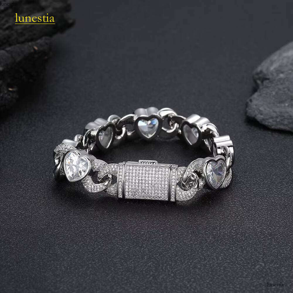 NUOYA Women's White Gold Plated Link Shiny Iced Out Zircon Heart Dia Cuban Chain Bracelet Hip Hop Jewelry
