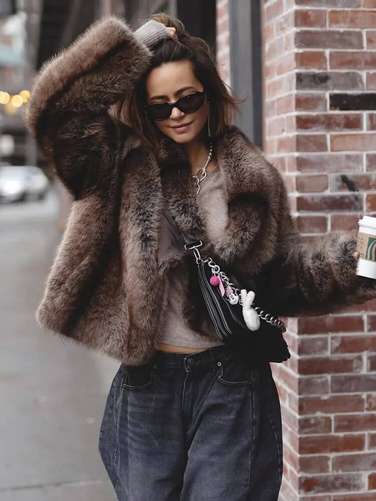Fluffy Solid Faux Fur Thicken Jacket Women Elegant Lapel Long Sleeves Loose Plush Coats Autumn Winter Chic Female Street Wear