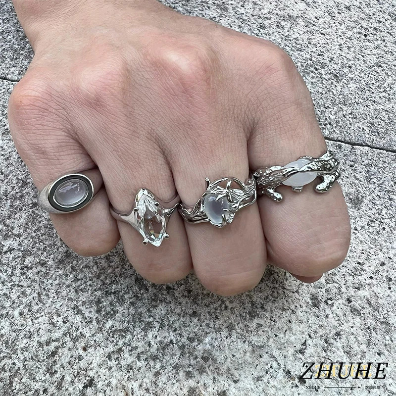 ZHUHE Moonstone Ring Opening Adjustment For Women Mens Cyberpunk Style Jewelry Accessories For Party Gifts 250807