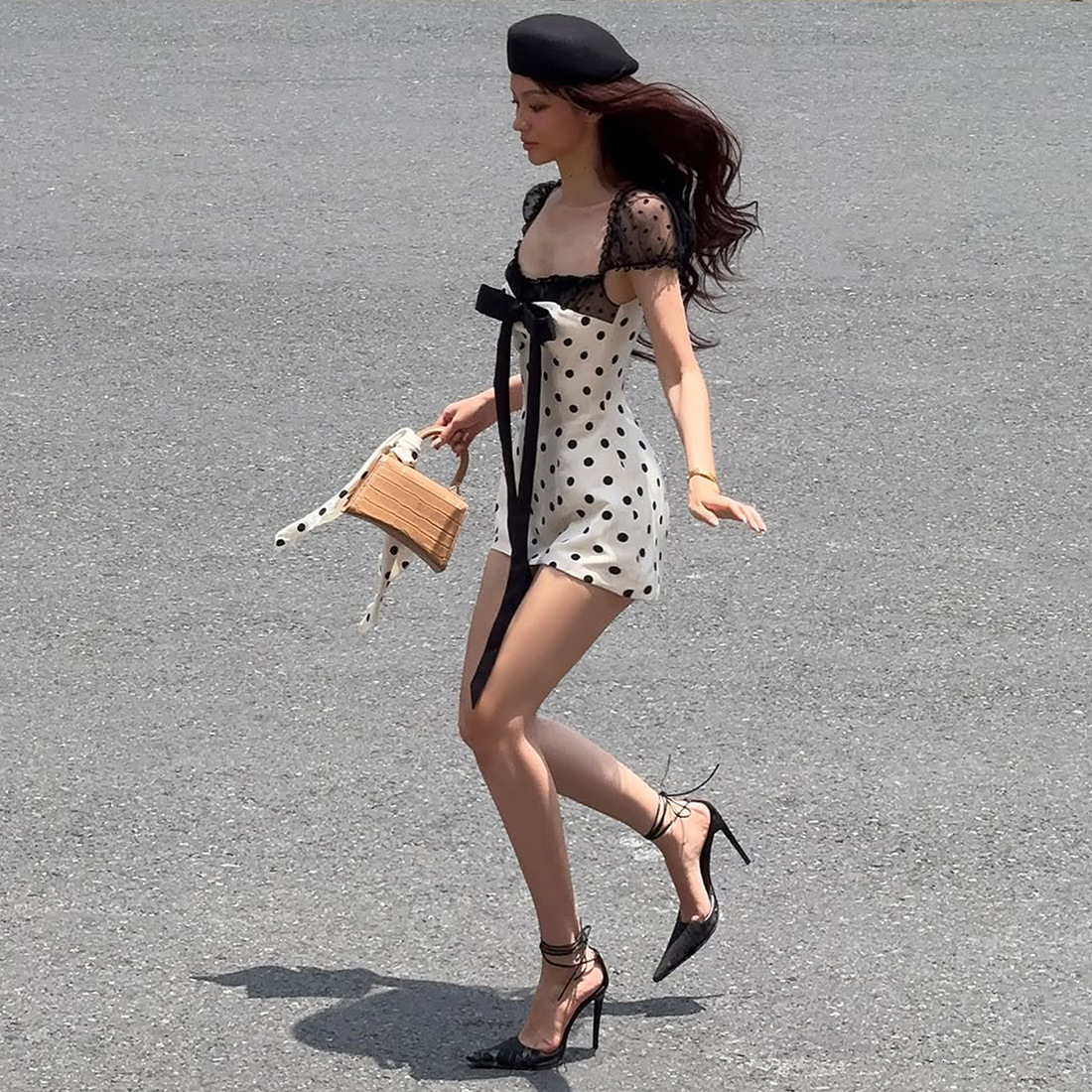 2025 Summer New Womens Clothing Bowknot Polka Dot Short Dress Sexy Lace Patchwork Waist-Hugging Bodycon Dress