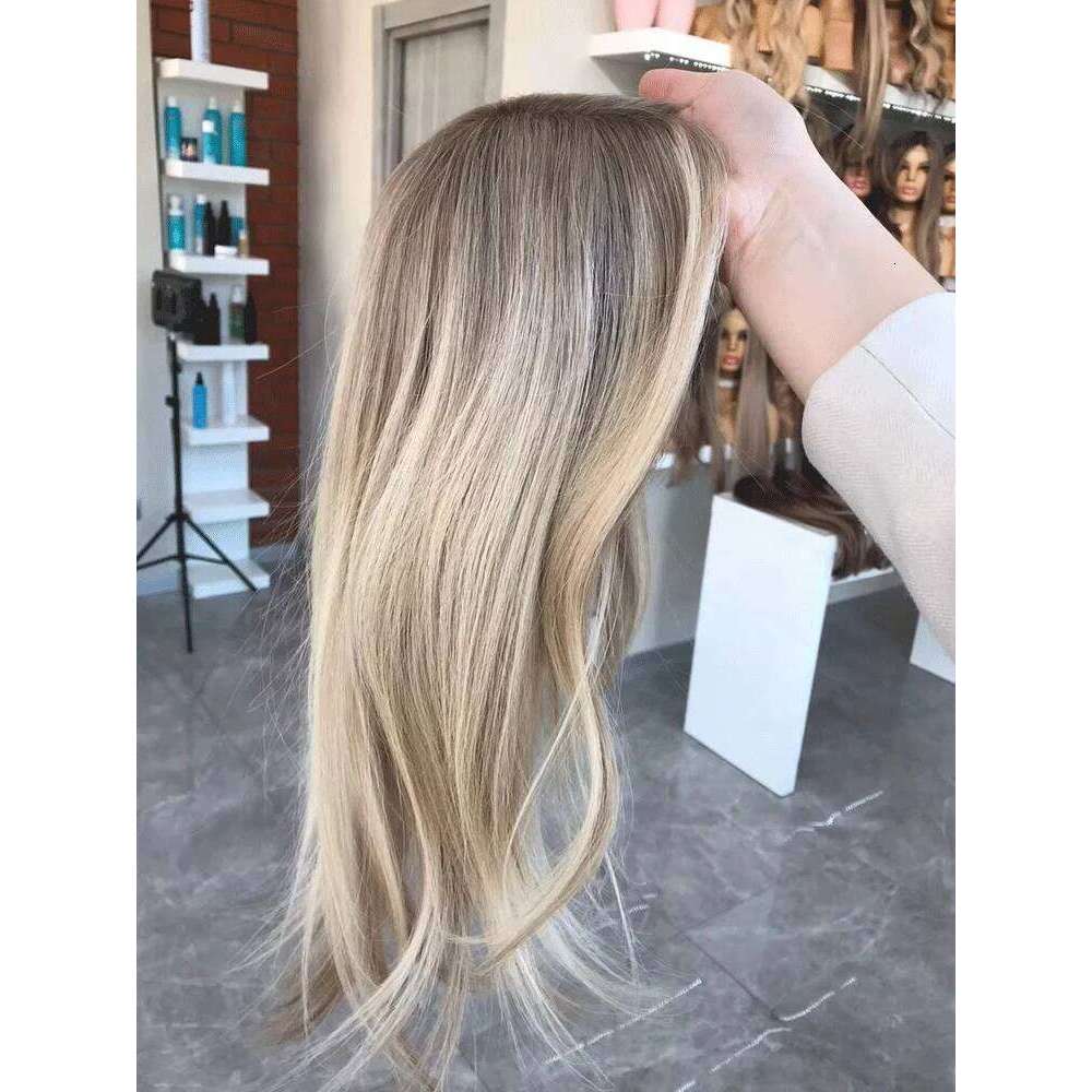 Natural Synthetic Wig Dark Root HairLine Highlights Straight Hight Density Pre plucked Cosplay For Women Daily Party Use