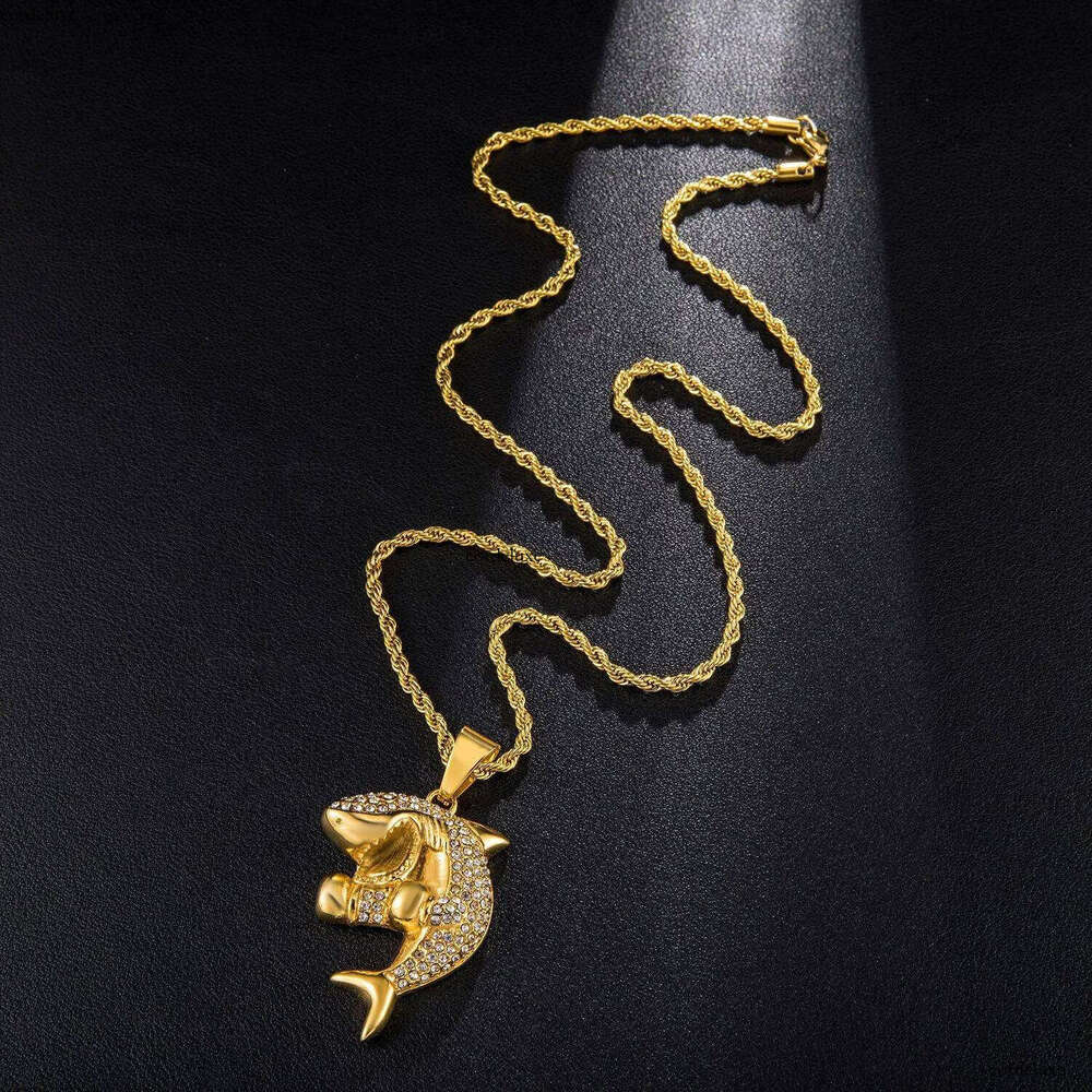 New Fashion Gold Plated Stainless Steel Bling Dia Mens Shark Pendant Chain Necklace personalized Hip Hop Rapper Jewelry Gifts for Men