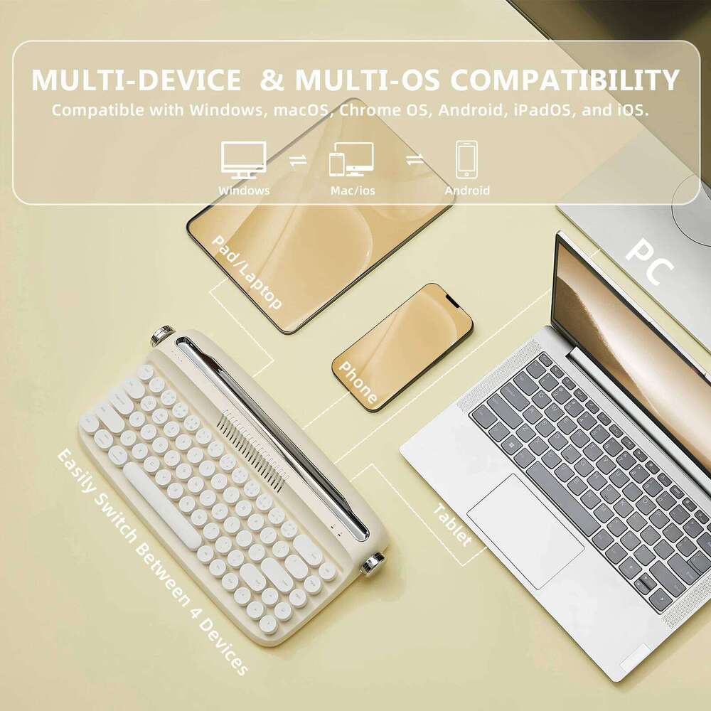 B Ivory Butter Upgraded Wireless USB C Bluetooth Retro Typewriter Keyboard With Integrated Stand Cute Round Keycaps