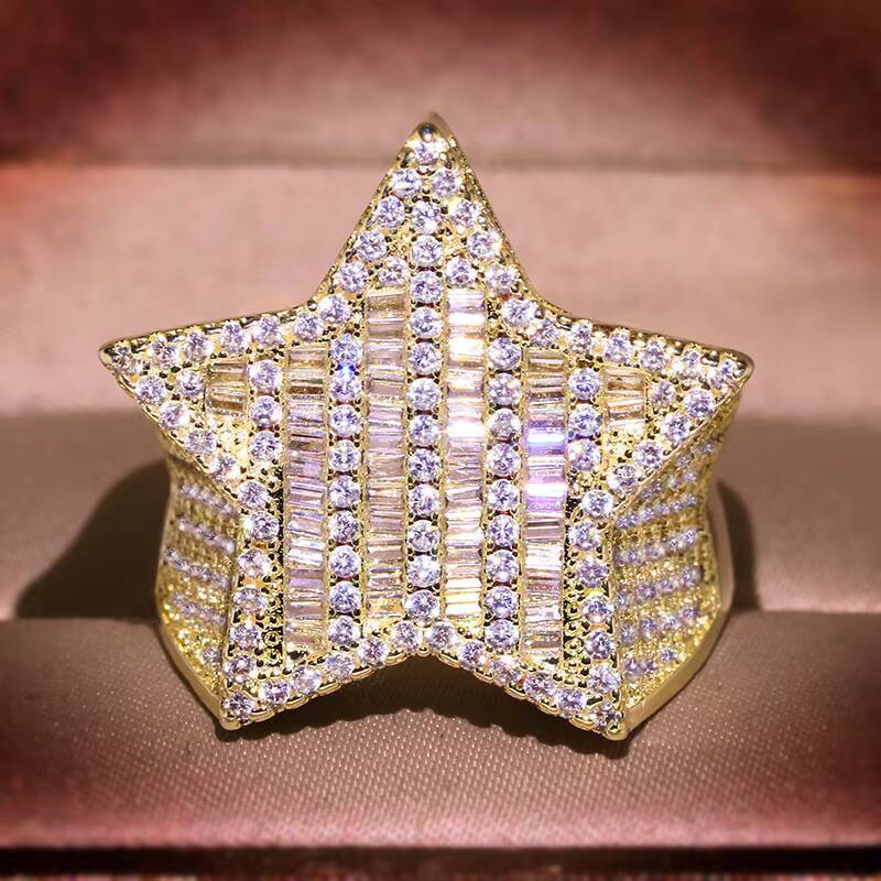 18k Gold Silver Plated Full Diamond Five Star Ring Men Hip Hop Iced Out Moissanite Flashing Diamond Star Sign Rings