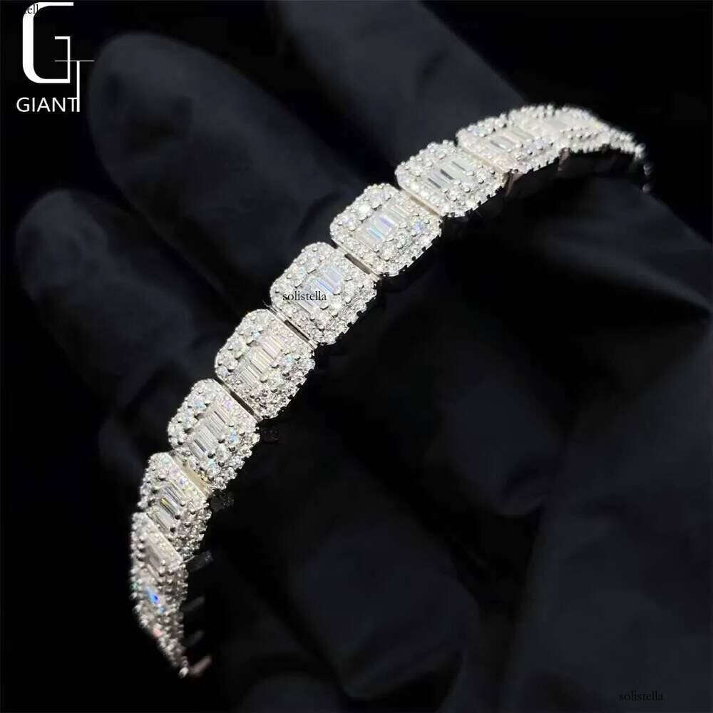 Spring Buckle VVS Moissanite Iced Out Jewelry 9MM Baguette Cut Dia Cuban Link Men Hip Hop Sier Bracelet