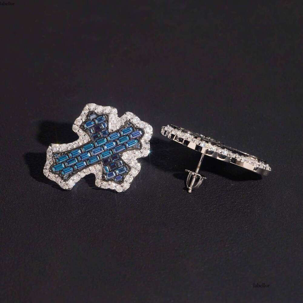 GRA Certificated Pass Dia Tester Men Sterling Sier Cross Stud Earrings Screw Back Blue Moissanite in Middle