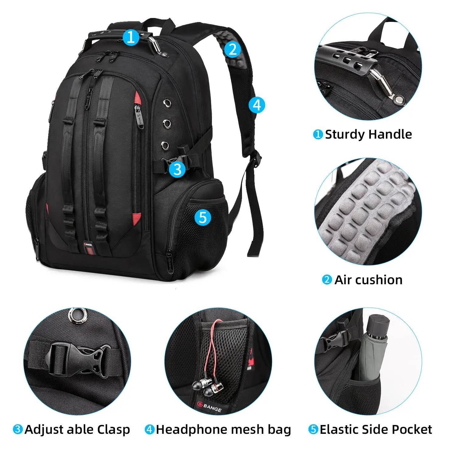 BANGE Large Multi-Function 40L Laptop 17 Inch Durable Travel Backpack School Bag For Teenagers with USB Recharging Port high-quality
