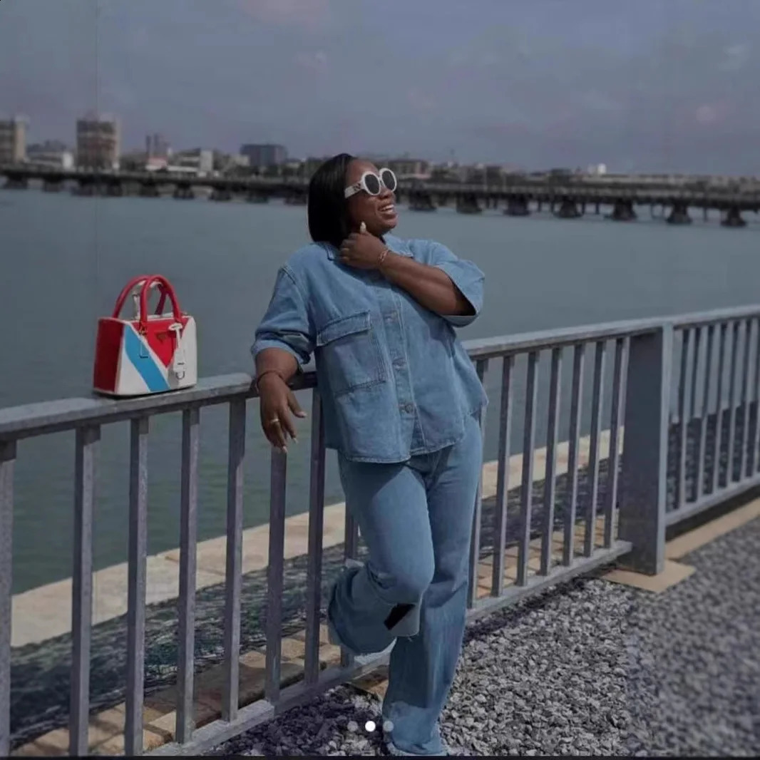 Denim Pant Set Women Two Piece Sets Turn Down Collar Matching Sets Single Breasted Shirt Tops Wide Leg Long Pants High Waist 250808