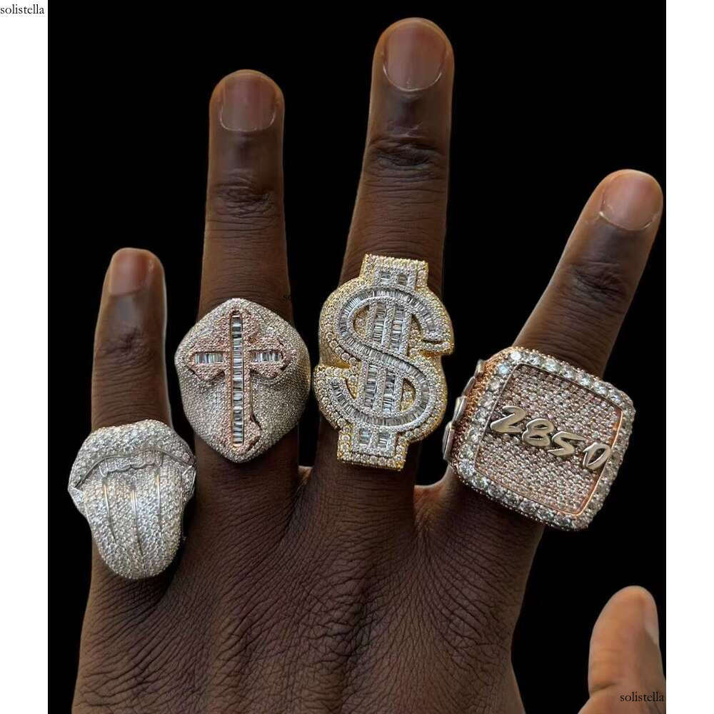 Men's Rap Singer Hip Hop Cross Pure Silver French Stick VVS Sandstone Ring