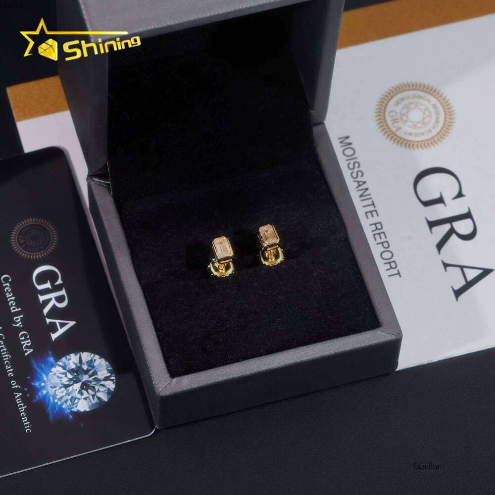 New Arrival Hip Hop Gold Plated Bezel Setting Emerald Cut Moissanite Sier VVS Dia Earrings