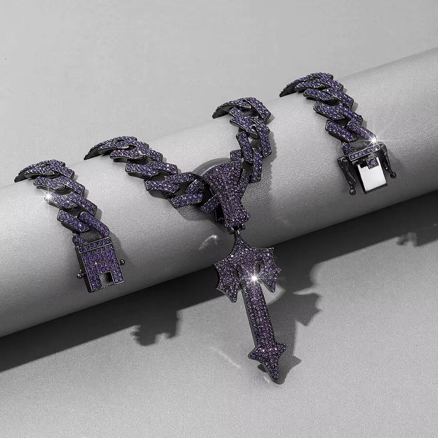 European American Hip-hop Mens New Purple Cross Pendant Necklace Big Sword Alloy Cuban Chain Cross-Border Fashion Jewelry