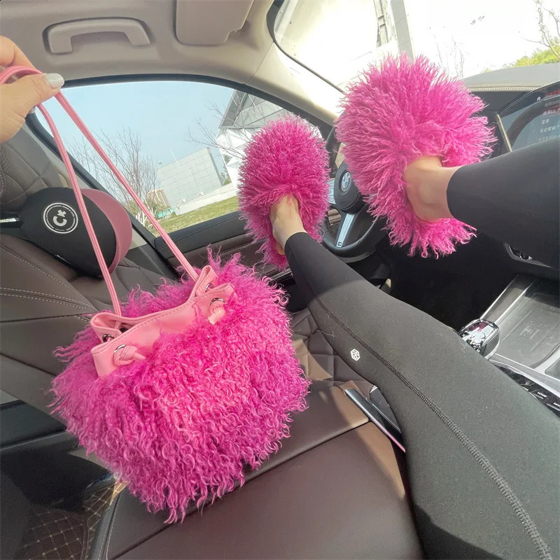 Wool Womens Plush Shoulder Bags Y2k Faux Fur Drawstring Bucket Bag Fashion Female Furry Purse Tote Handbags 250809