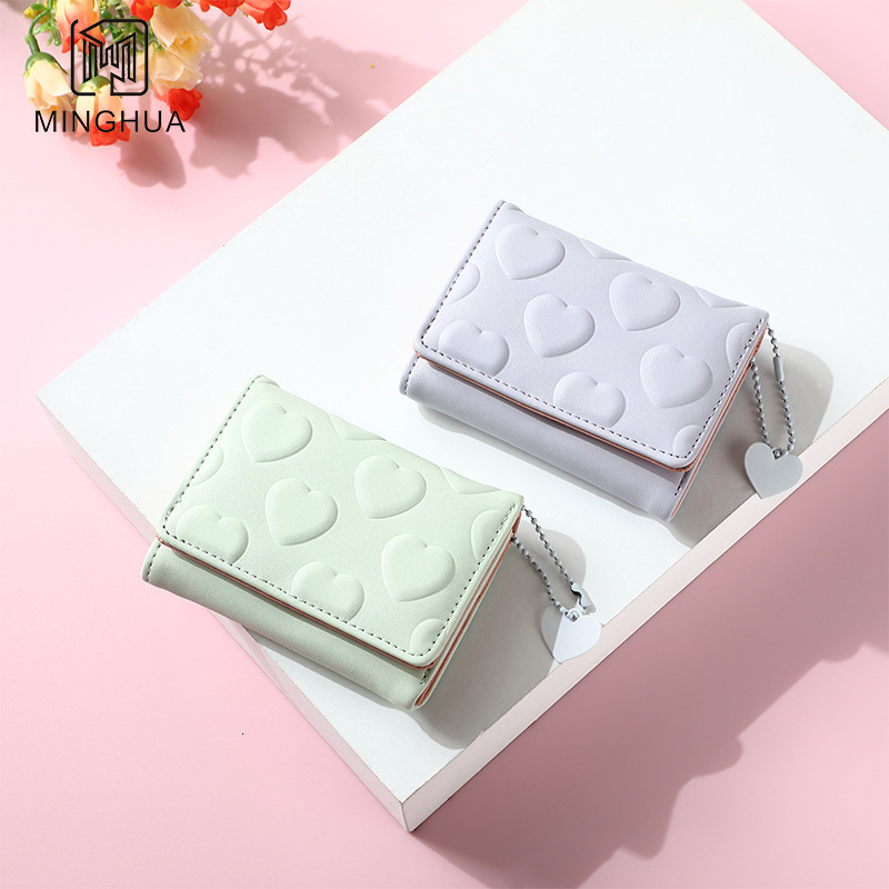 New Women's Wallet Luxury Bag Short Style Solid Color Card Holder Multi-card Slot Heart Pattern Simple Cross-border Cute Coin Purse Wholesale