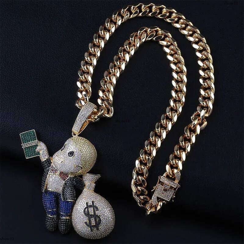 New Personalized Gold Plated Hip Hop Cartoon Boy with Big Money Bag Pendant Necklace Twisted Chain Iced Out CZ Zirconia Jewelry Gifts