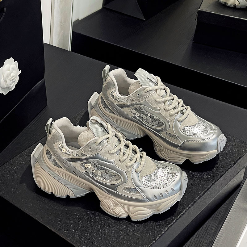 Women's Dad Sports Shoes 2025 New Designer Mesh Thick Bottom Sparkling Breathable Multi functional Casual Sports Shoes