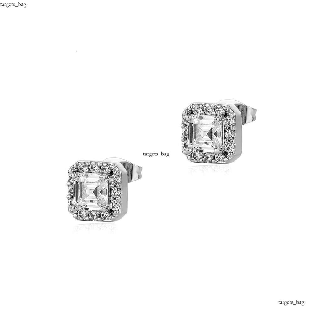 Sier Needle Inlaid Dia Shining Square Simple for Women Light Hip Hop Rock Earrings Versatile Trendy Accessories