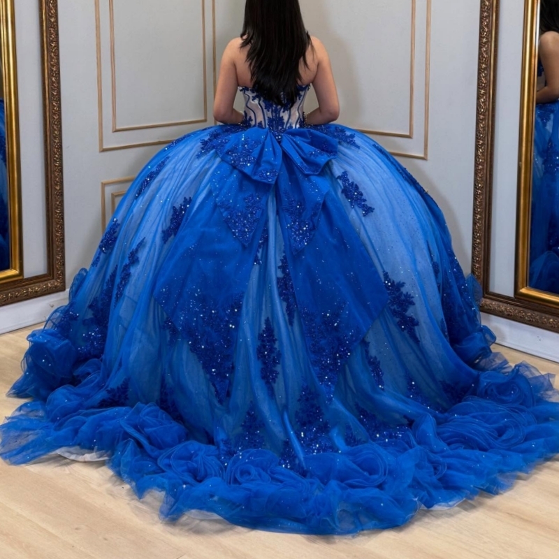 Royal Blue Shiny Quinceanera Dresses Off The Shoulder Applique Flower Beads Tull Ball Gown Vestidos De 15 Anos Sweet 16 Dress