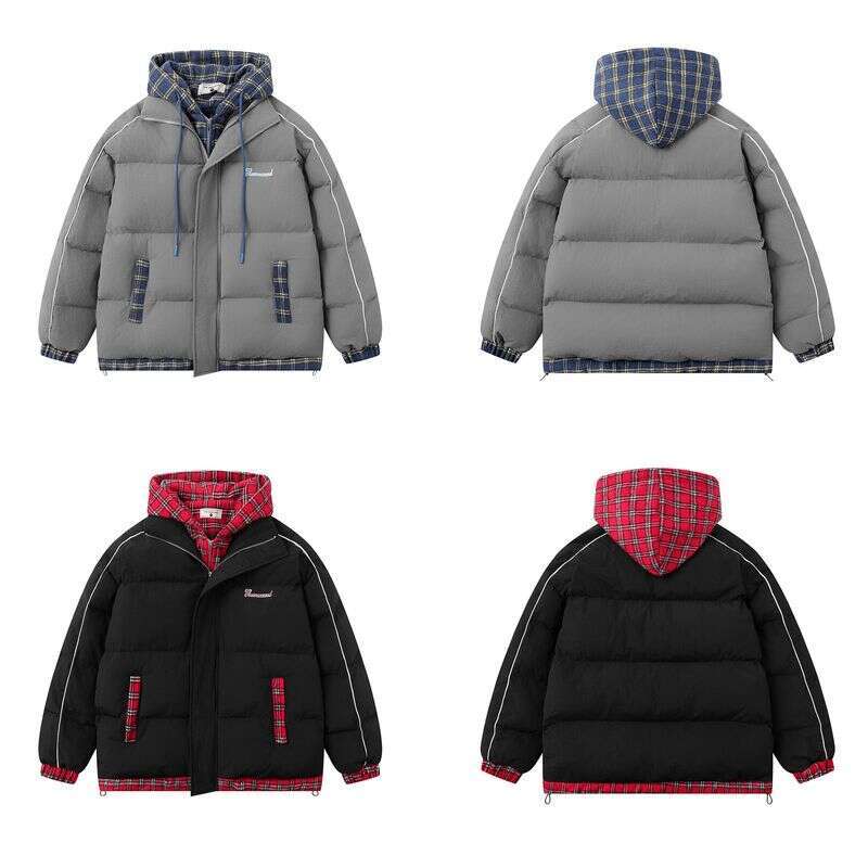 Men's Clothing Retro Two Piece Plaid Hooded Cotton Thick Warm Loose Coat