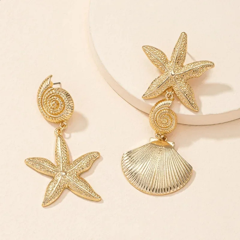 Personalized beach style Ear studs retro exaggerated golden scallop earrings versatile creative seashell and starfish jewelry 250807