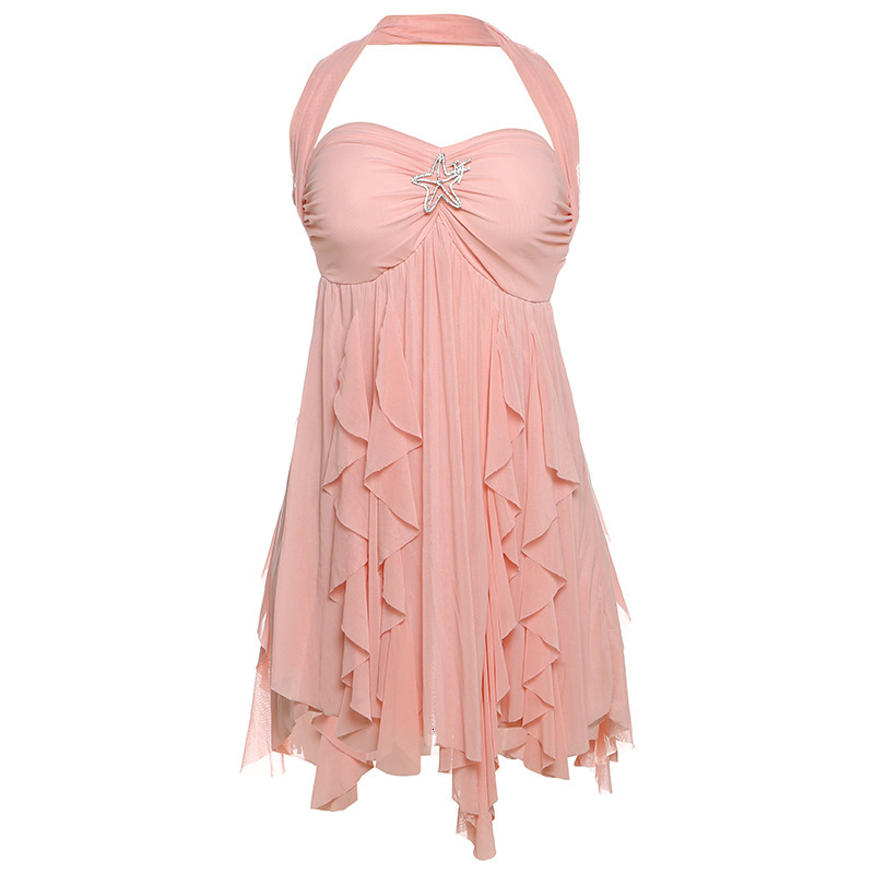 2025 Summer New Womens Sexy Halter Neck Backless Irregular Hem Short Dress