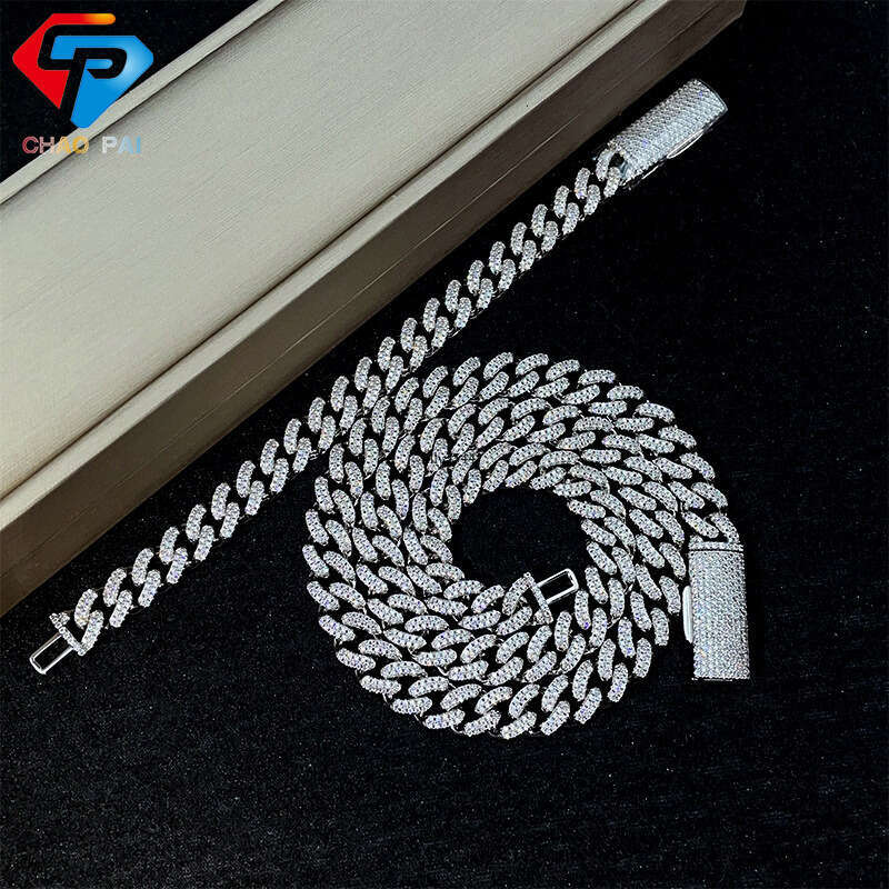 Wuzhou Straight 10mm Sterling Silver Inlaid Moissanite chain Cuban Chain Hip Hop Trendy Brand Unisex Accessories Bracelet Necklace