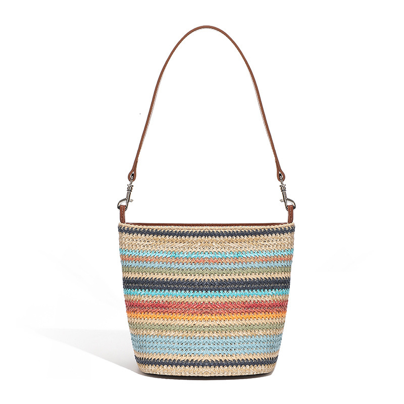 Summer New Fashion Color-Block For Women, Niche Design, Straw Woven With Genuine Leather, Large Capacity Commuter Tote Bag